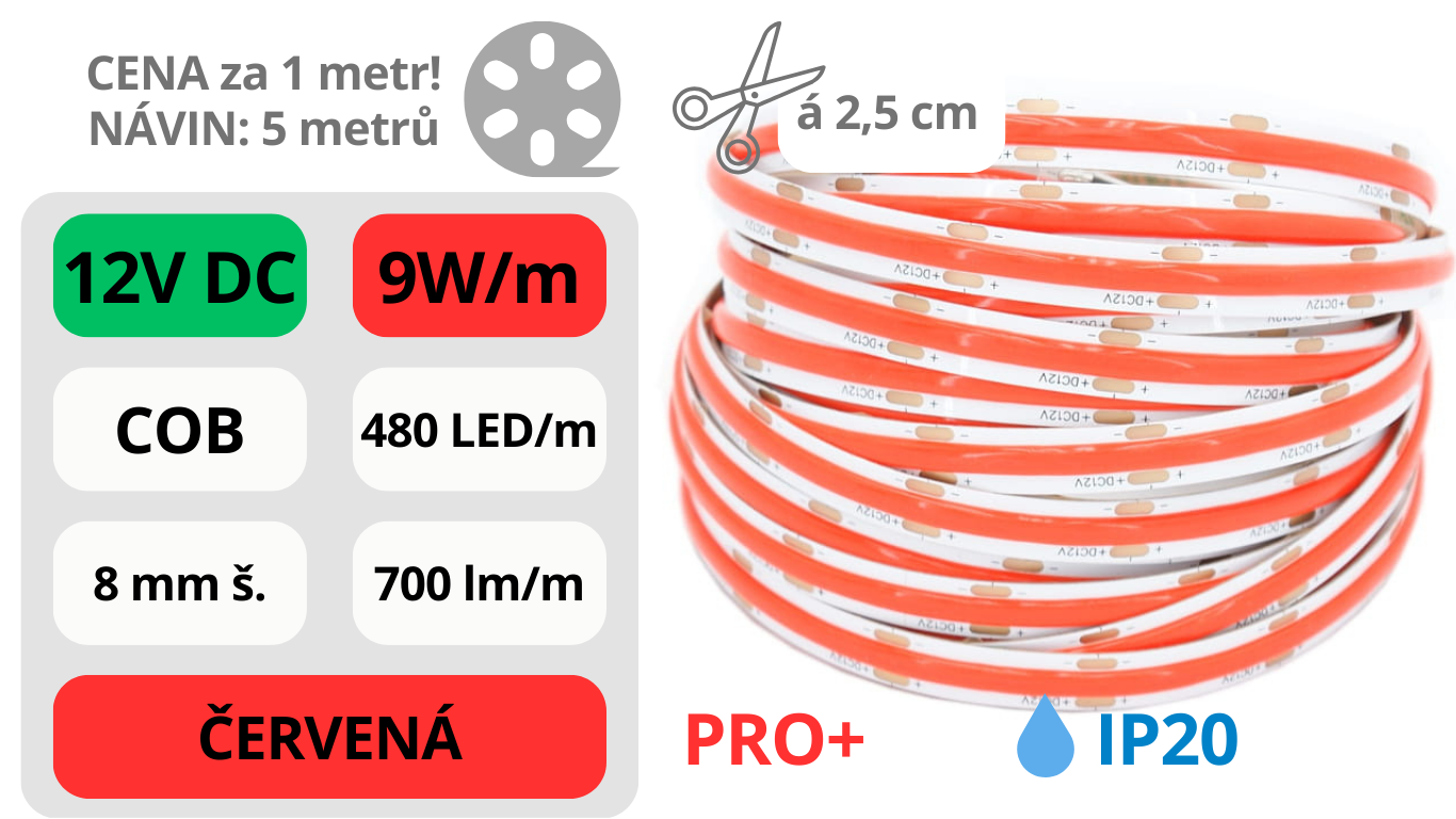 LED pásek COB 12V / 480LED / 9W / ČERVENÁ / IP20 / 8mm / PRO+